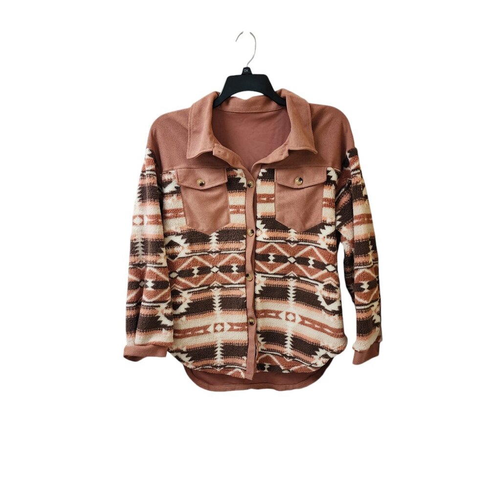 Shein Pink Mauve Geo Pattern Southwestern Fuzzy Soft Coat Women's Medium